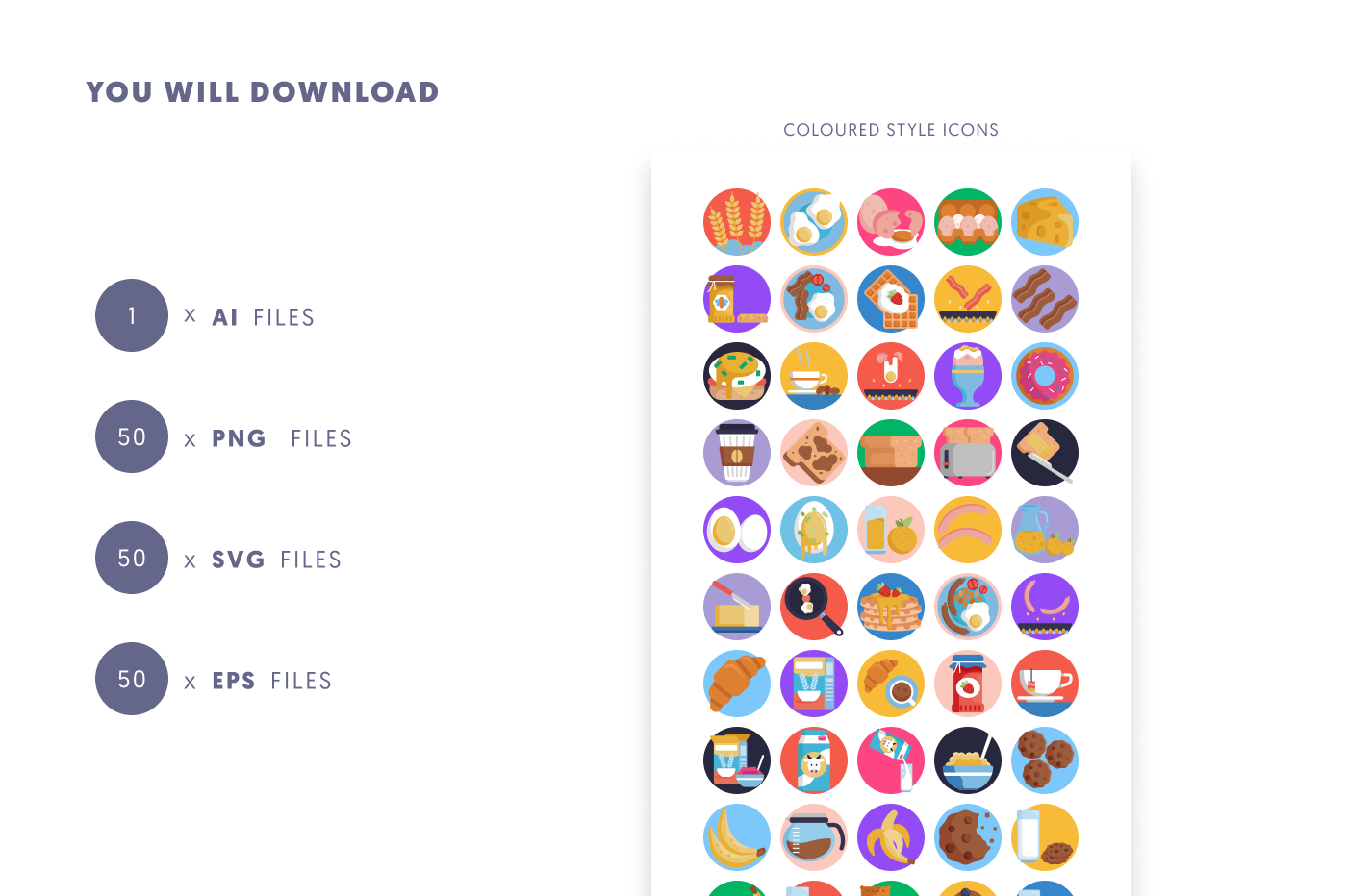 50 Breakfast Icons preview 9 – flat circle icons in PNG, SVG and EPS