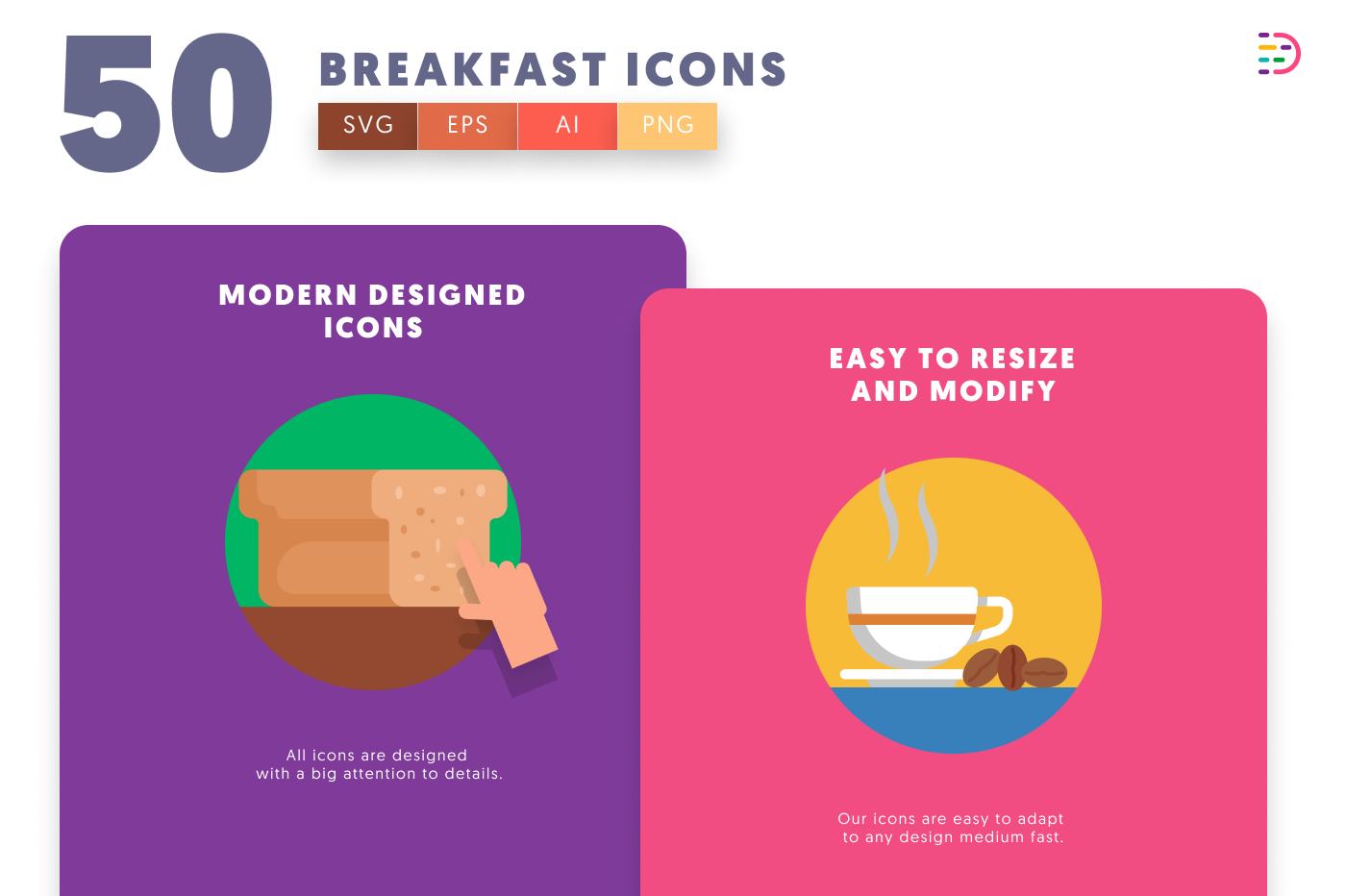 50 Breakfast Icons cover – flat circle icons in PNG, SVG and EPS