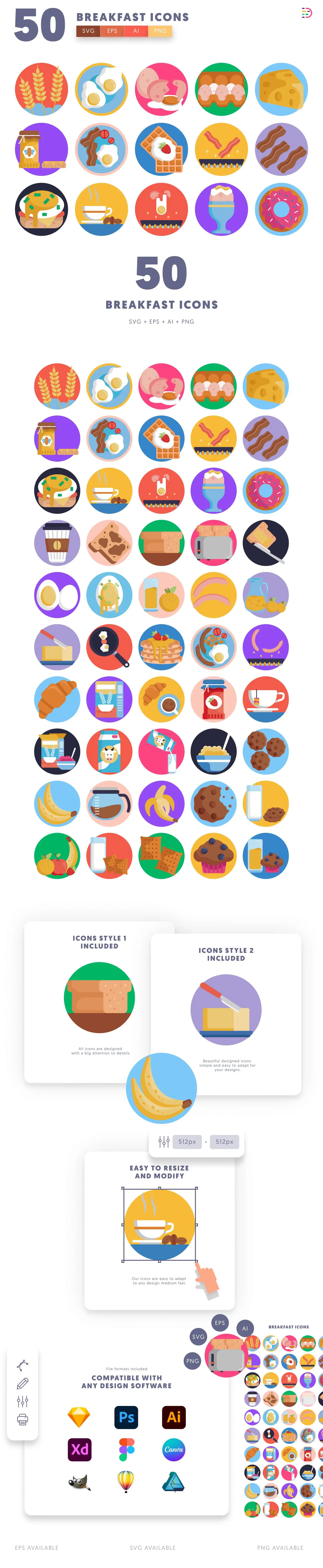 50 Breakfast Icons cover – flat circle icons in PNG, SVG and EPS