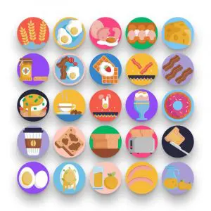 50 Breakfast Icons – set of colorful flat circle icons