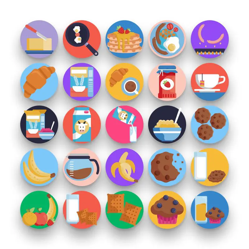 50 Breakfast Icons – set of colorful flat circle icons