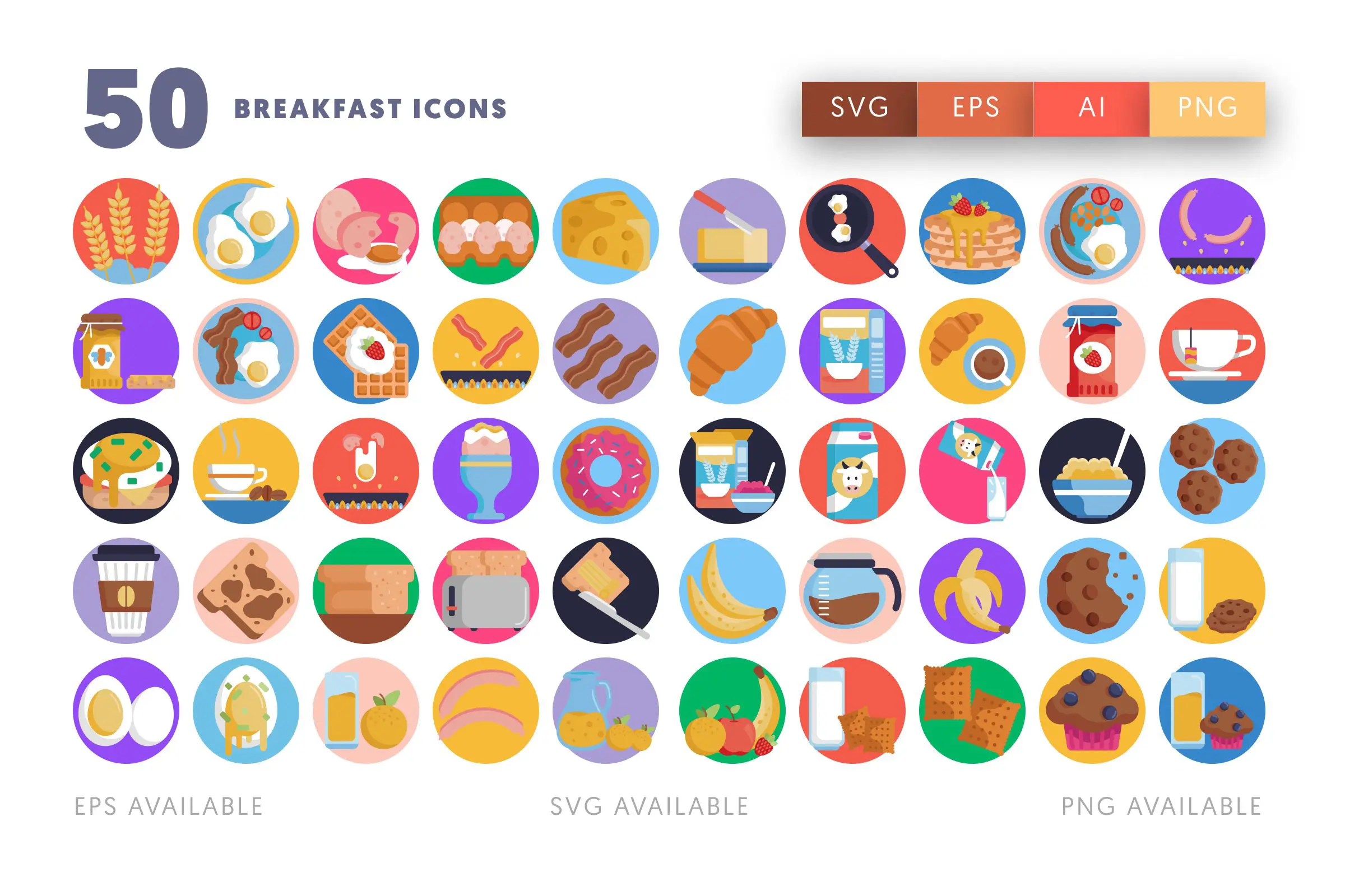 50 Breakfast Icons – flat circle icon set