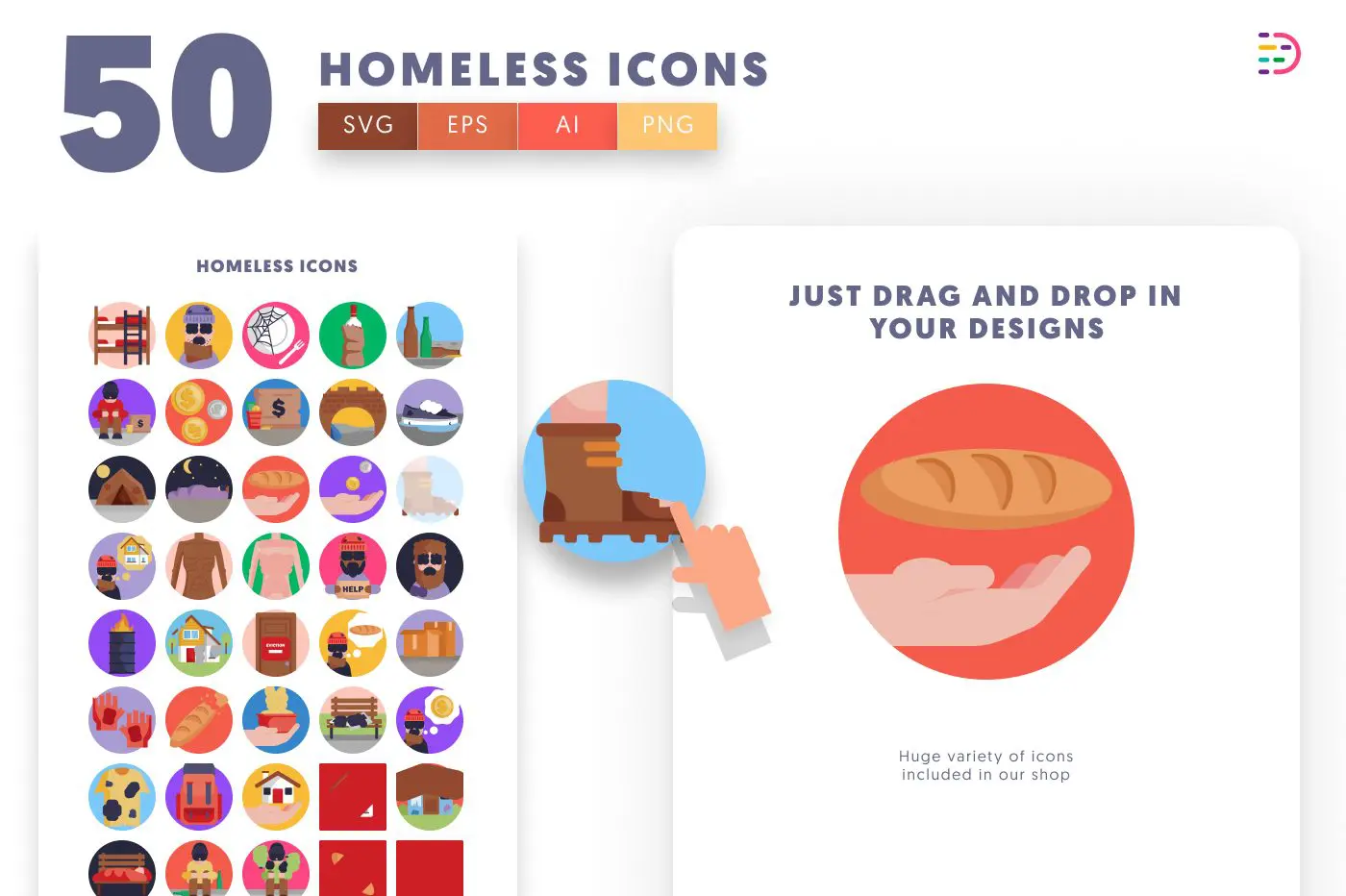 50 Homeless Icons preview 1 – flat circle icons in PNG, SVG and EPS