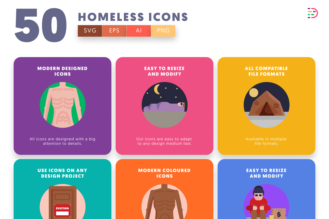 50 Homeless Icons preview 5 – flat circle icons in PNG, SVG and EPS