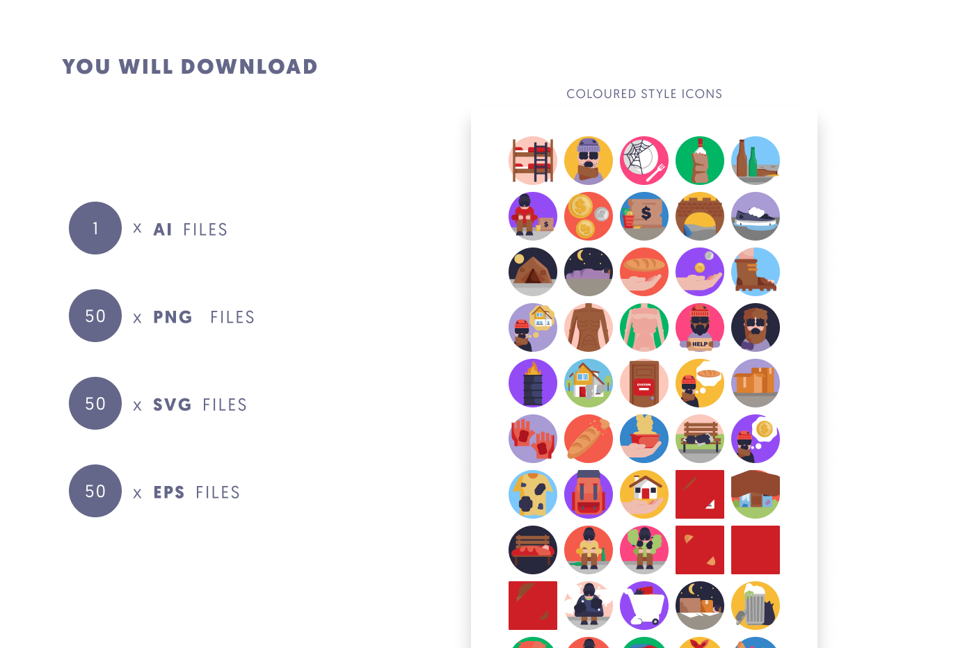 50 Homeless Icons preview 9 – flat circle icons in PNG, SVG and EPS