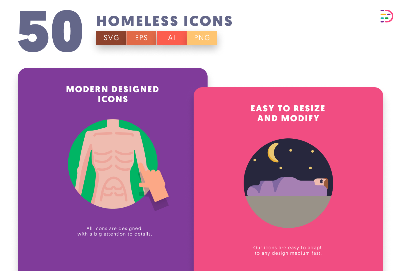 50 Homeless Icons cover – flat circle icons in PNG, SVG and EPS