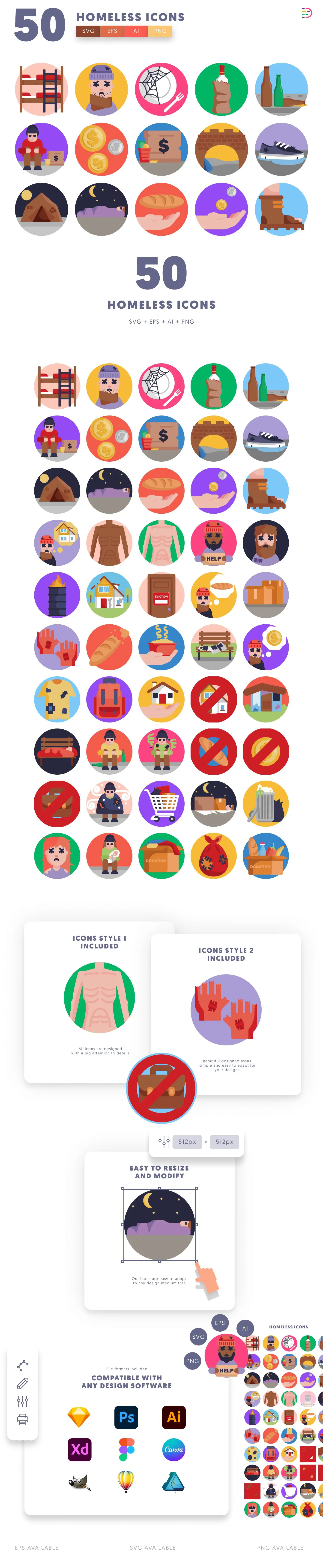 50 Homeless Icons cover – flat circle icons in PNG, SVG and EPS
