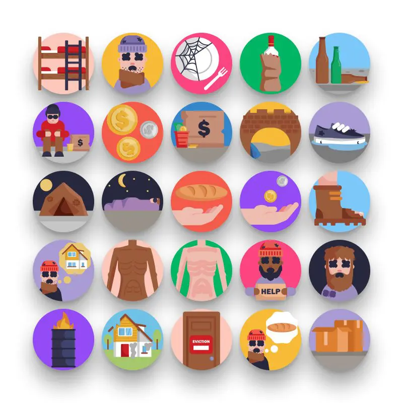 50 Homeless Icons – set of colorful flat circle icons