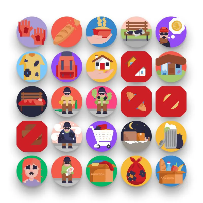 50 Homeless Icons – set of colorful flat circle icons