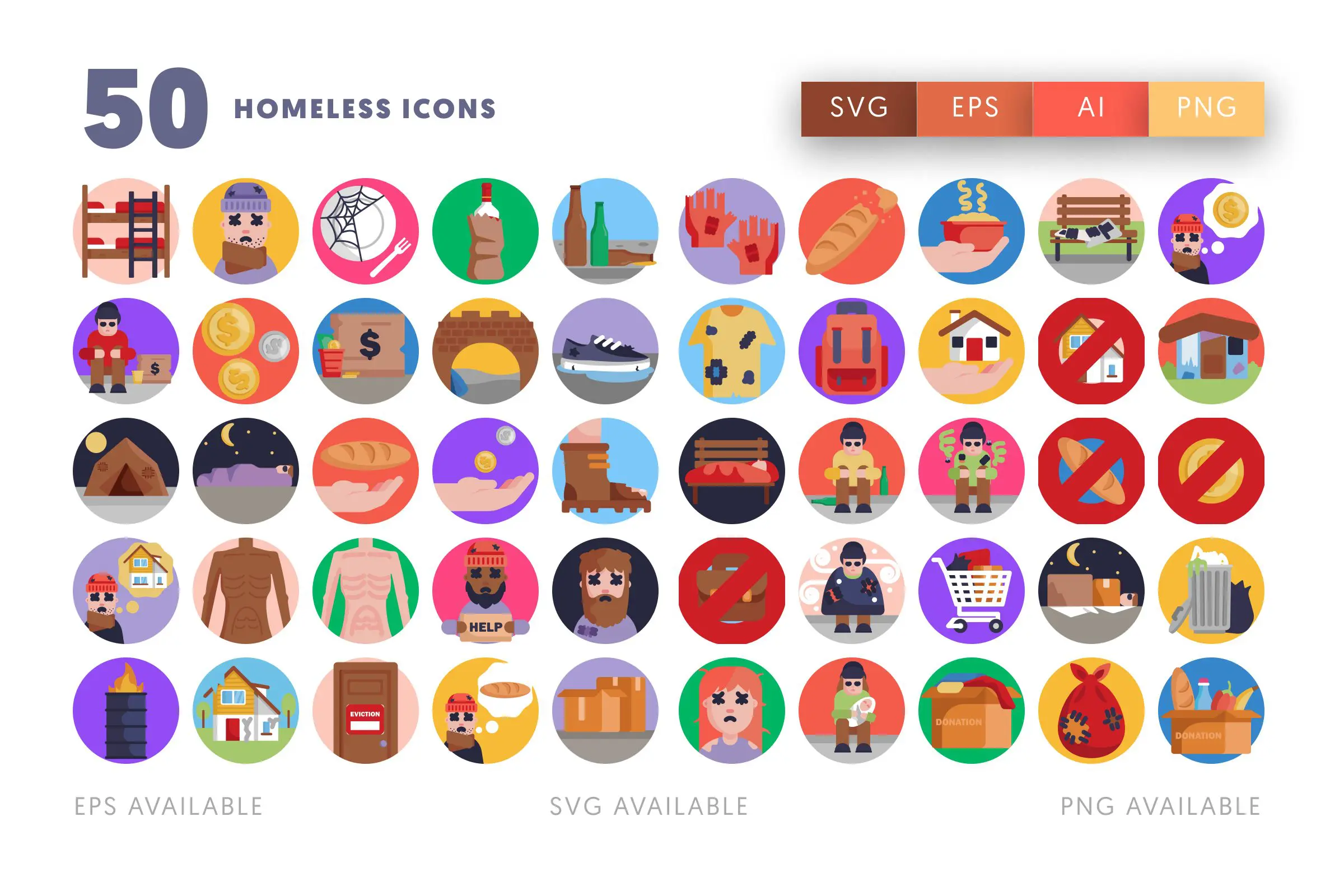 50 Homeless Icons – flat circle icon set