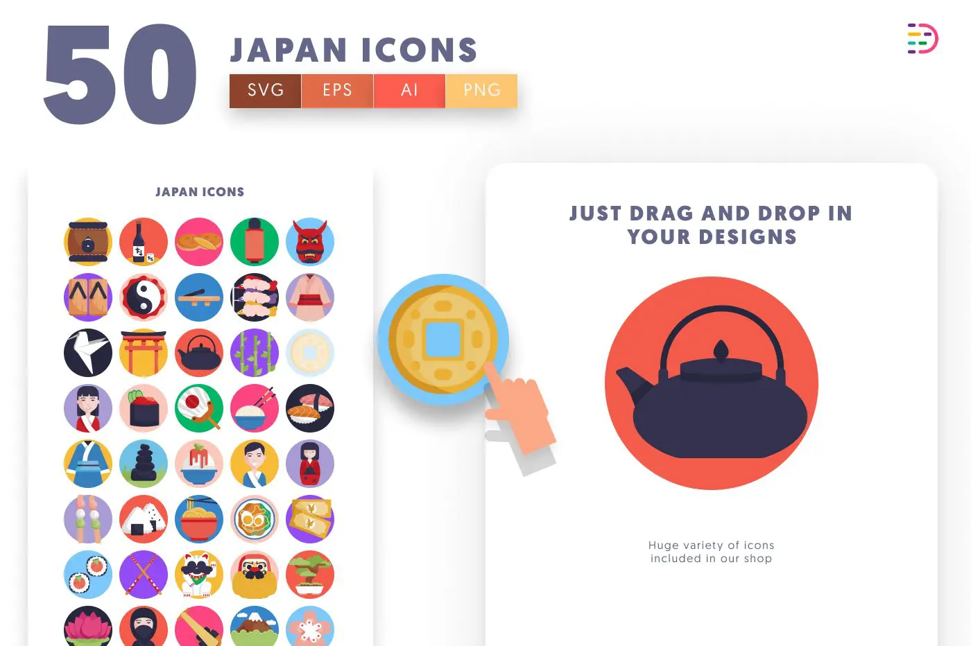 50 Japan Icons preview 1 – flat circle icons in PNG, SVG and EPS