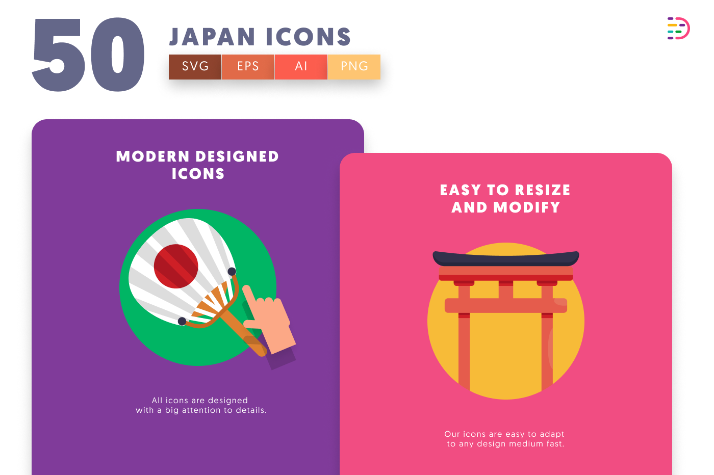 50 Japan Icons cover – flat circle icons in PNG, SVG and EPS