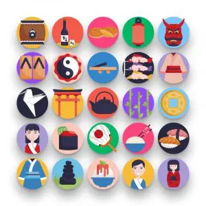 50 Japan Icons – set of colorful flat circle icons