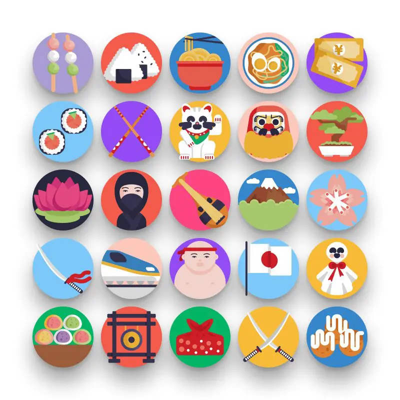 50 Japan Icons – set of colorful flat circle icons