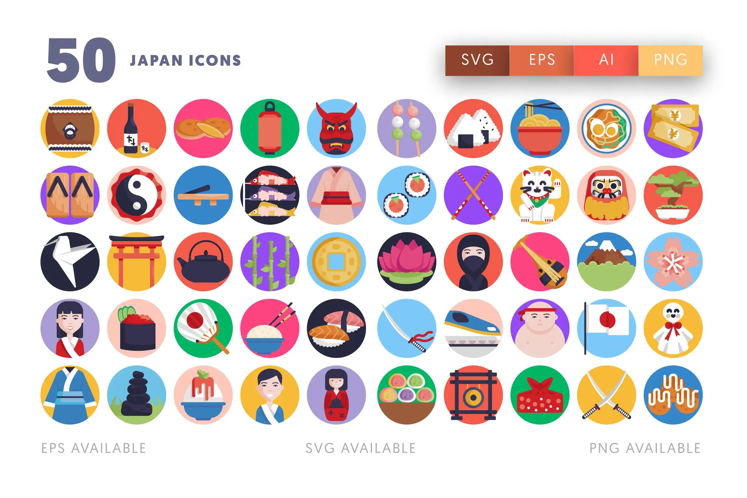 50 Japan Icons – flat circle icon set