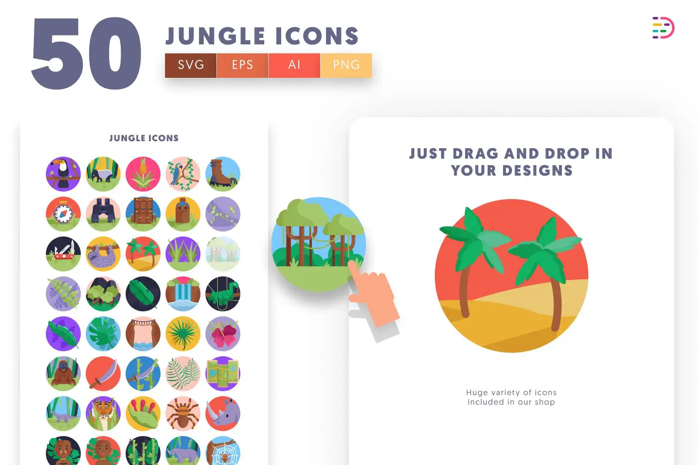 50 Jungle Icons preview 1 – flat circle icons in PNG, SVG and EPS
