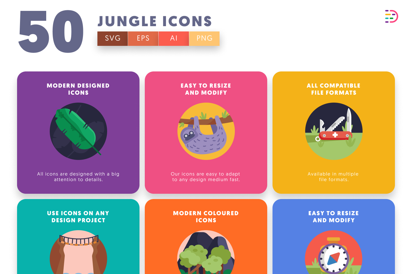 50 Jungle Icons preview 5 – flat circle icons in PNG, SVG and EPS