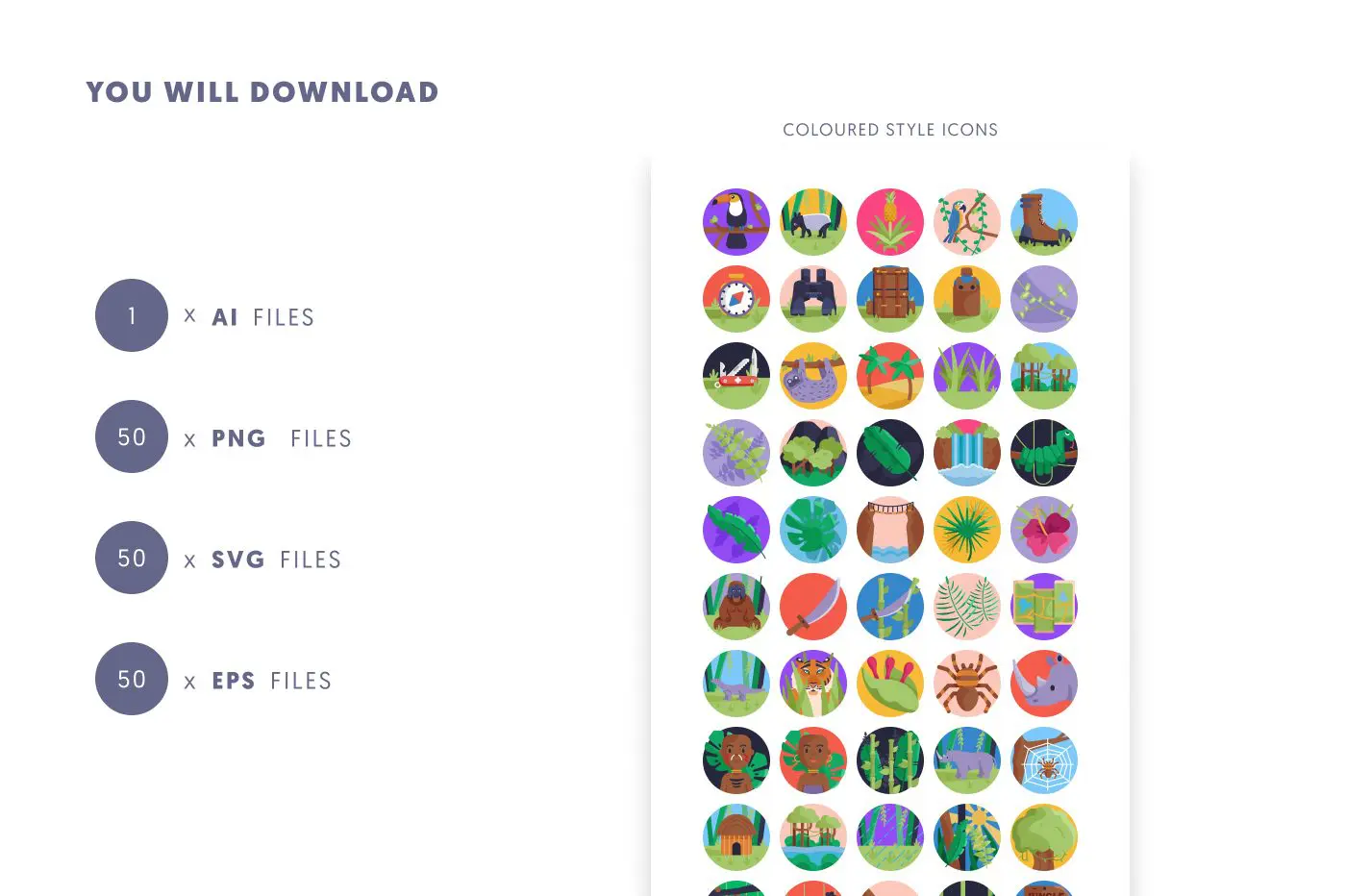 50 Jungle Icons preview 9 – flat circle icons in PNG, SVG and EPS