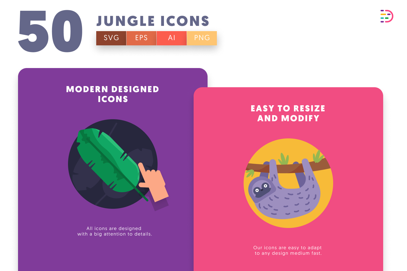 50 Jungle Icons cover – flat circle icons in PNG, SVG and EPS