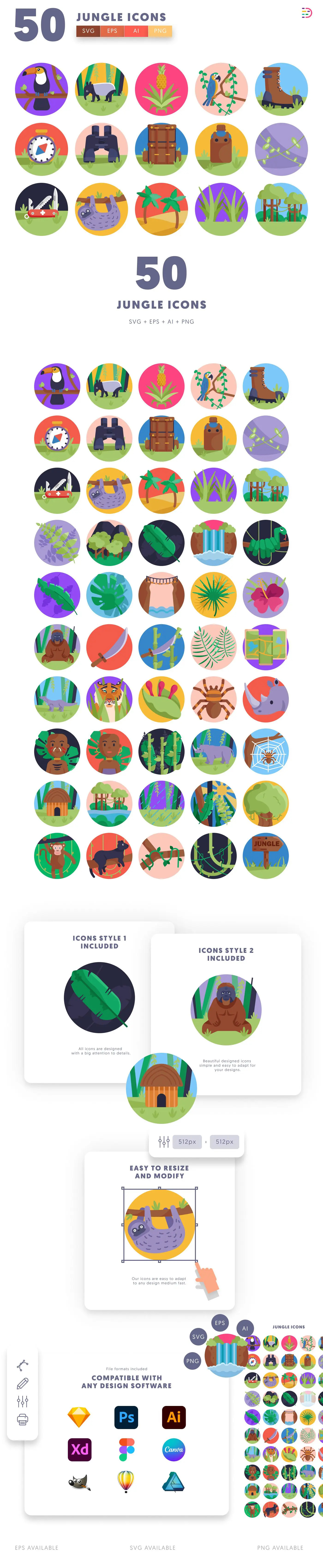 50 Jungle Icons cover – flat circle icons in PNG, SVG and EPS