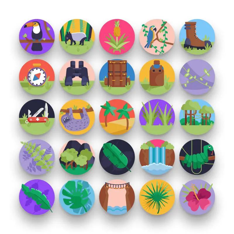 50 Jungle Icons – set of colorful flat circle icons