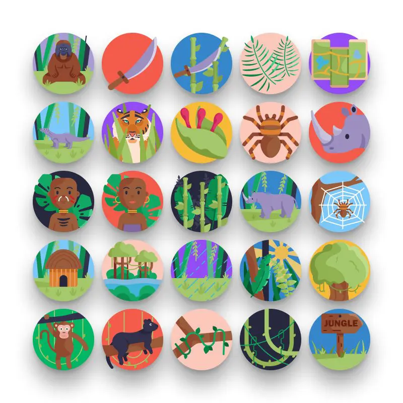 50 Jungle Icons – set of colorful flat circle icons