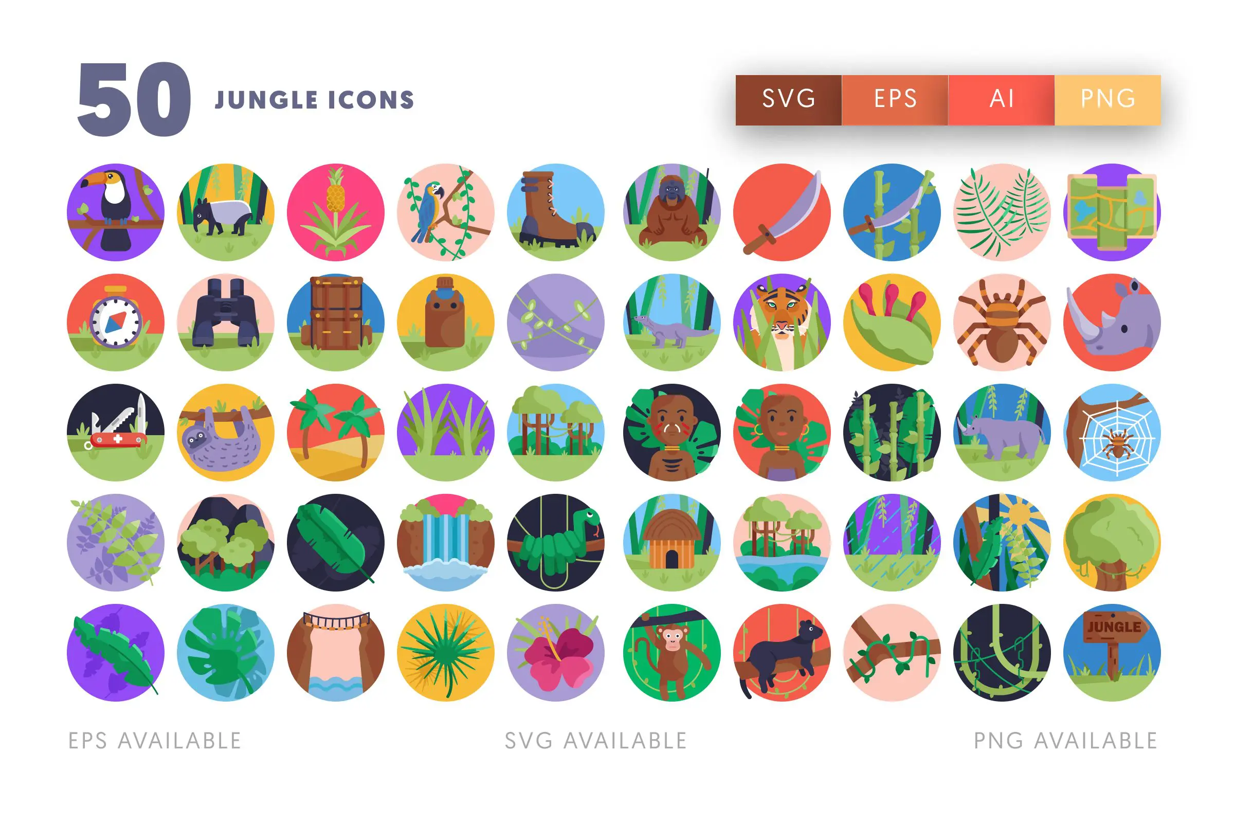 50 Jungle Icons – flat circle icon set