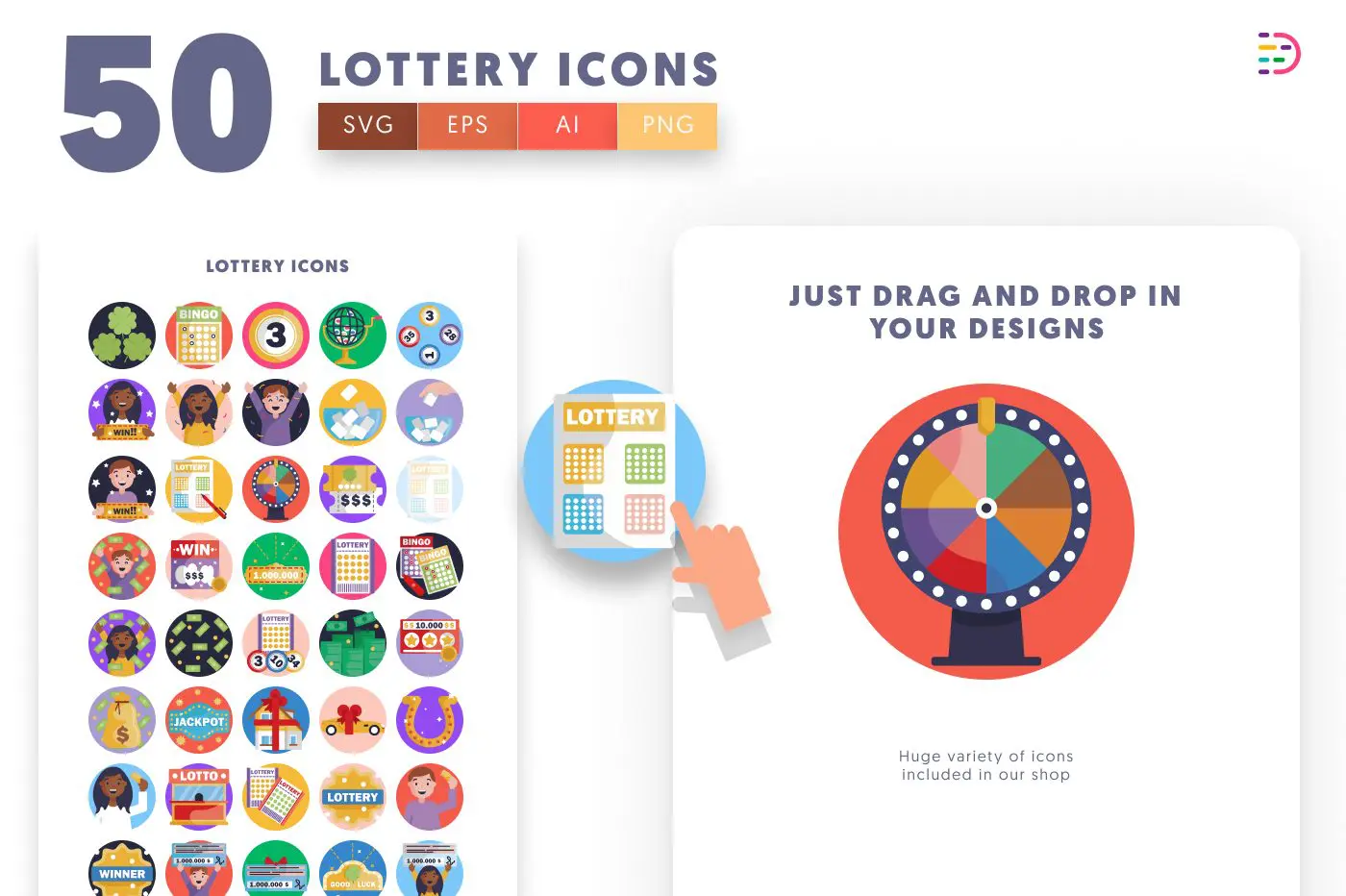 50 Lottery Icons preview 1 – flat circle icons in PNG, SVG and EPS