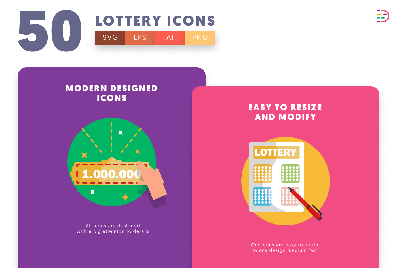 50 Lottery Icons cover – flat circle icons in PNG, SVG and EPS