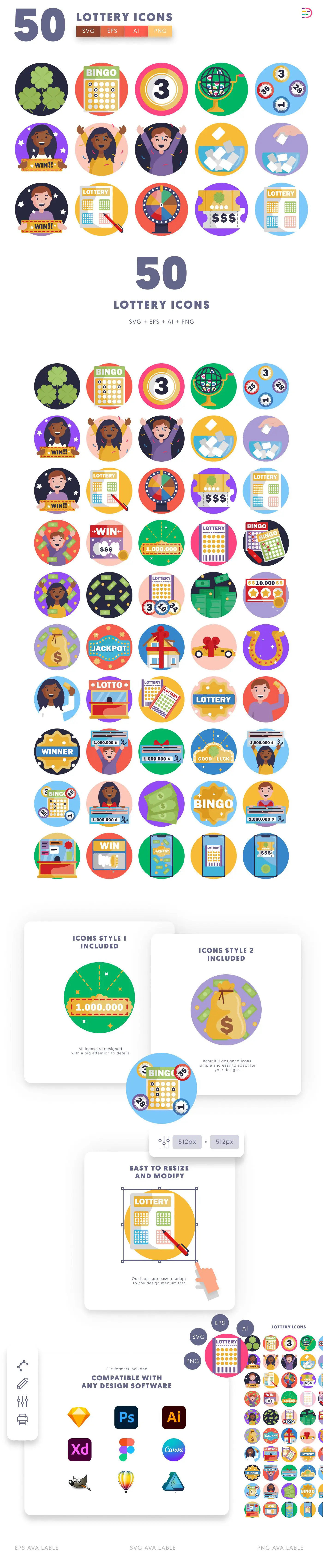 50 Lottery Icons cover – flat circle icons in PNG, SVG and EPS