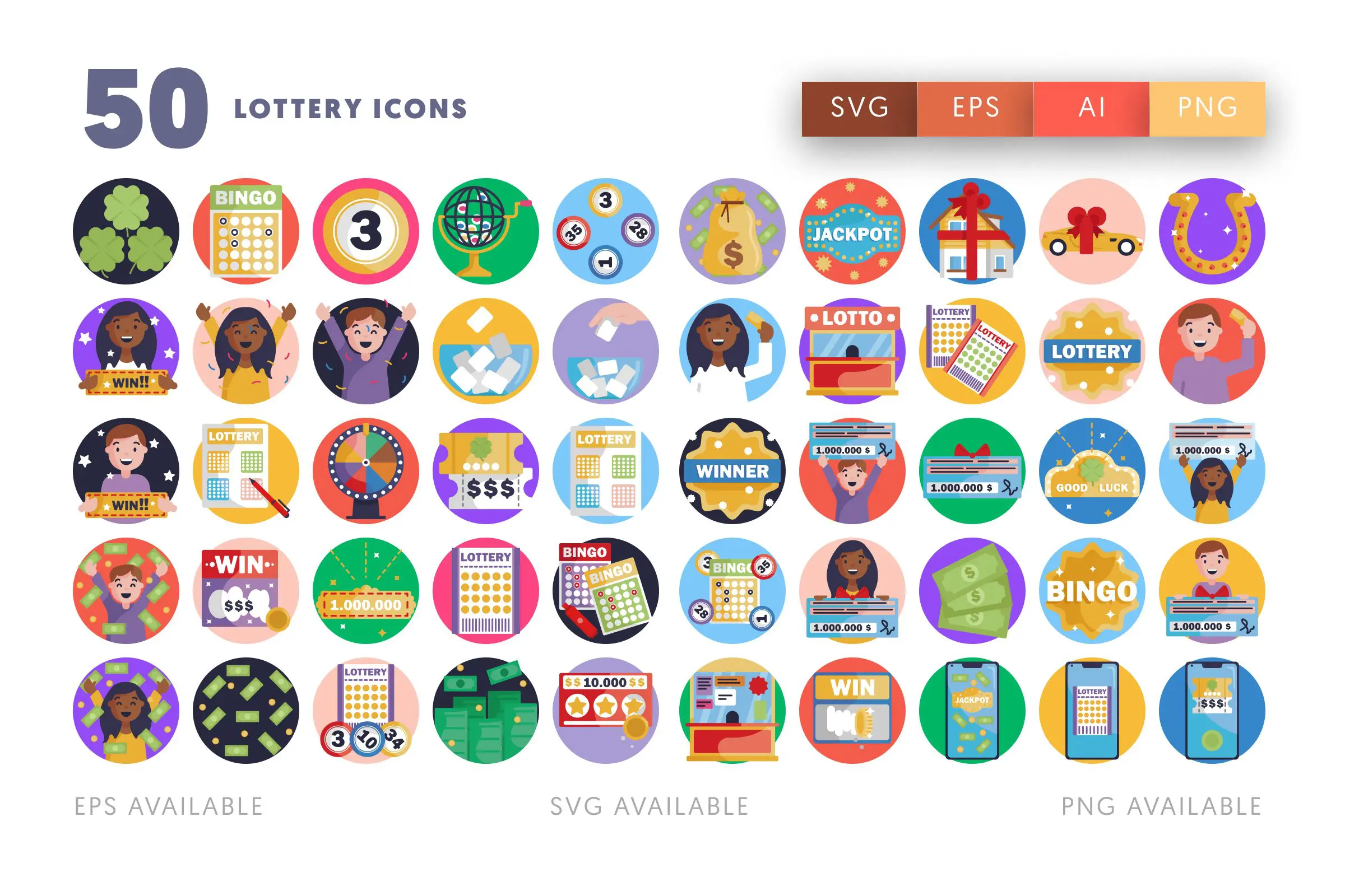 50 Lottery Icons – flat circle icon set
