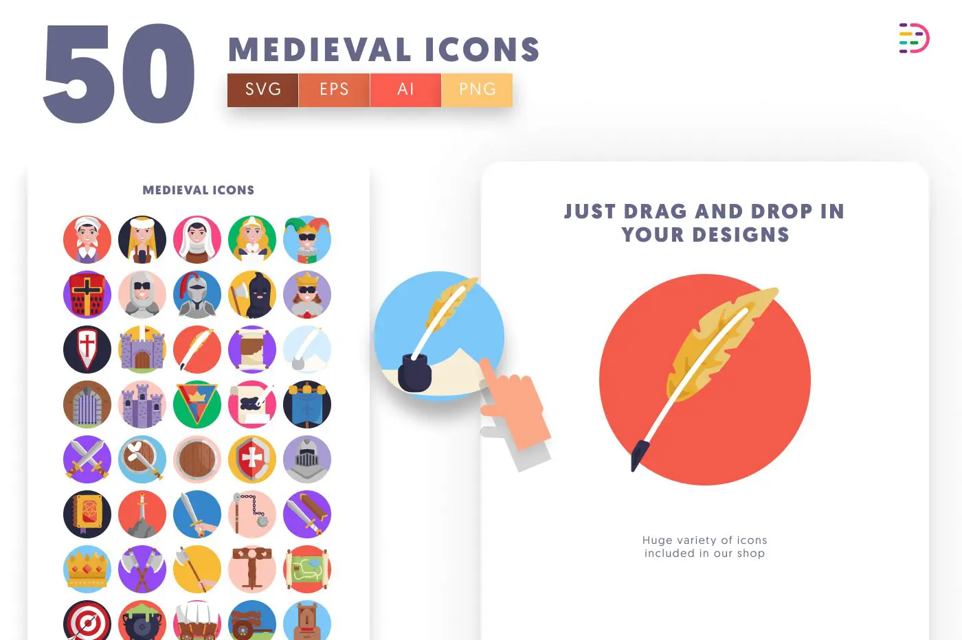 50 Medieval Icons preview 1 – flat circle icons in PNG, SVG and EPS