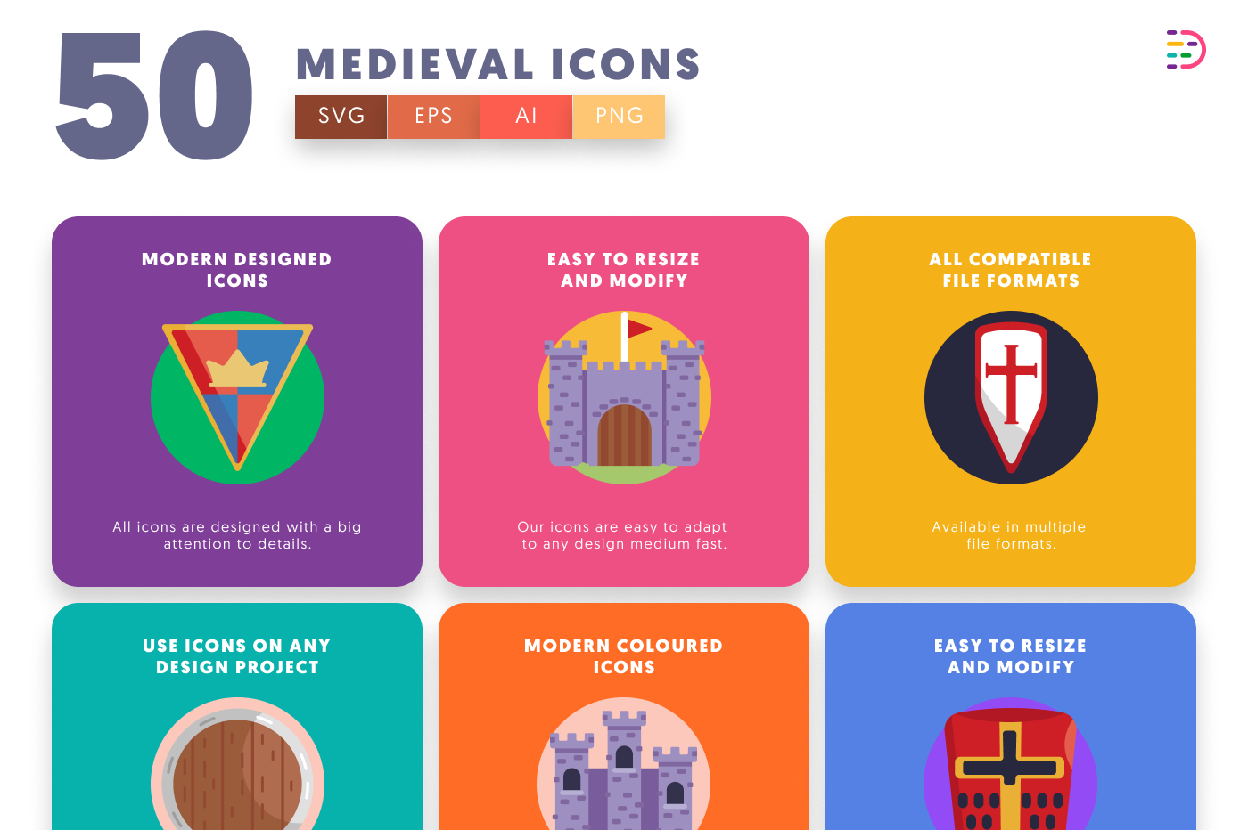 50 Medieval Icons preview 5 – flat circle icons in PNG, SVG and EPS