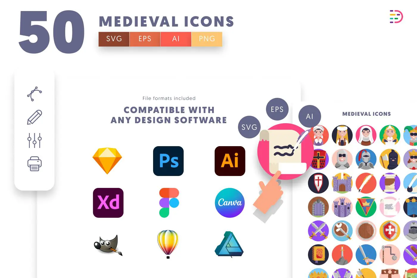 50 Medieval Icons preview 8 – flat circle icons in PNG, SVG and EPS