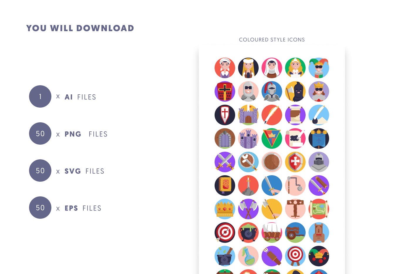 50 Medieval Icons preview 9 – flat circle icons in PNG, SVG and EPS