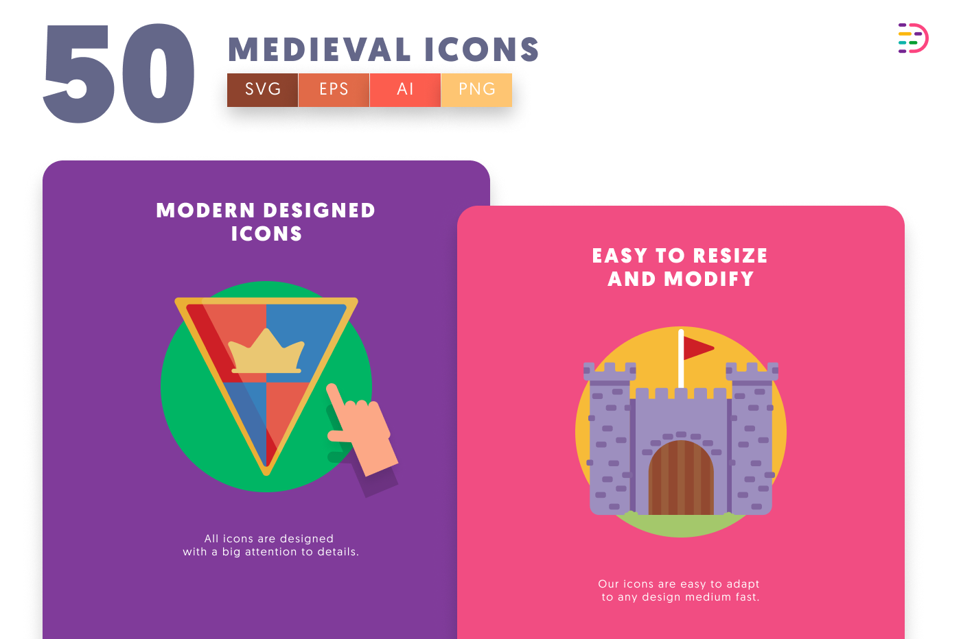 50 Medieval Icons cover – flat circle icons in PNG, SVG and EPS