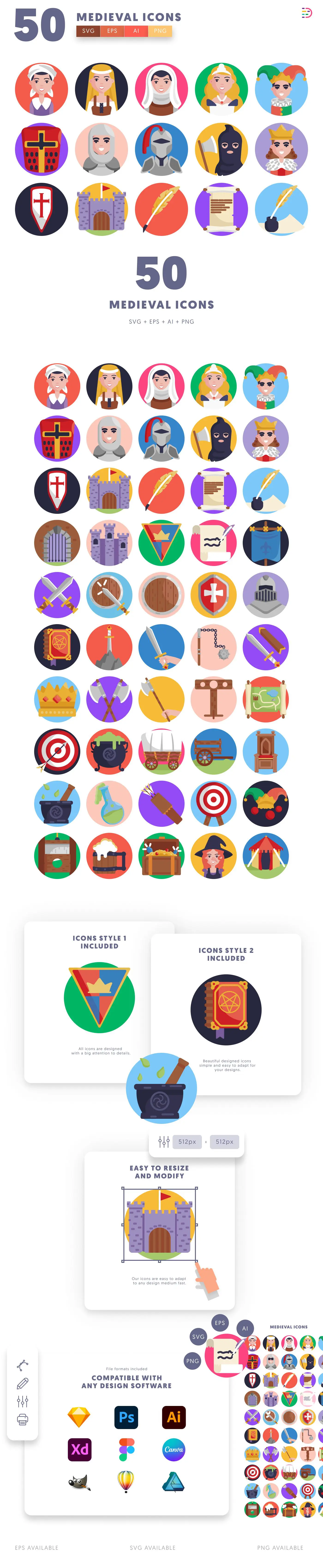 50 Medieval Icons cover – flat circle icons in PNG, SVG and EPS