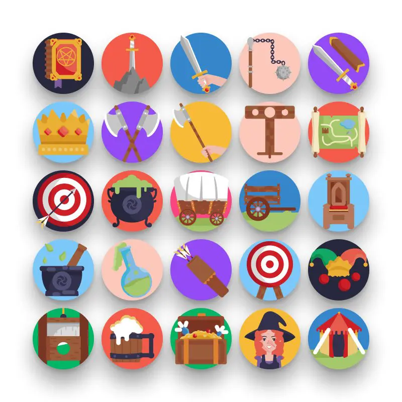 50 Medieval Icons – set of colorful flat circle icons
