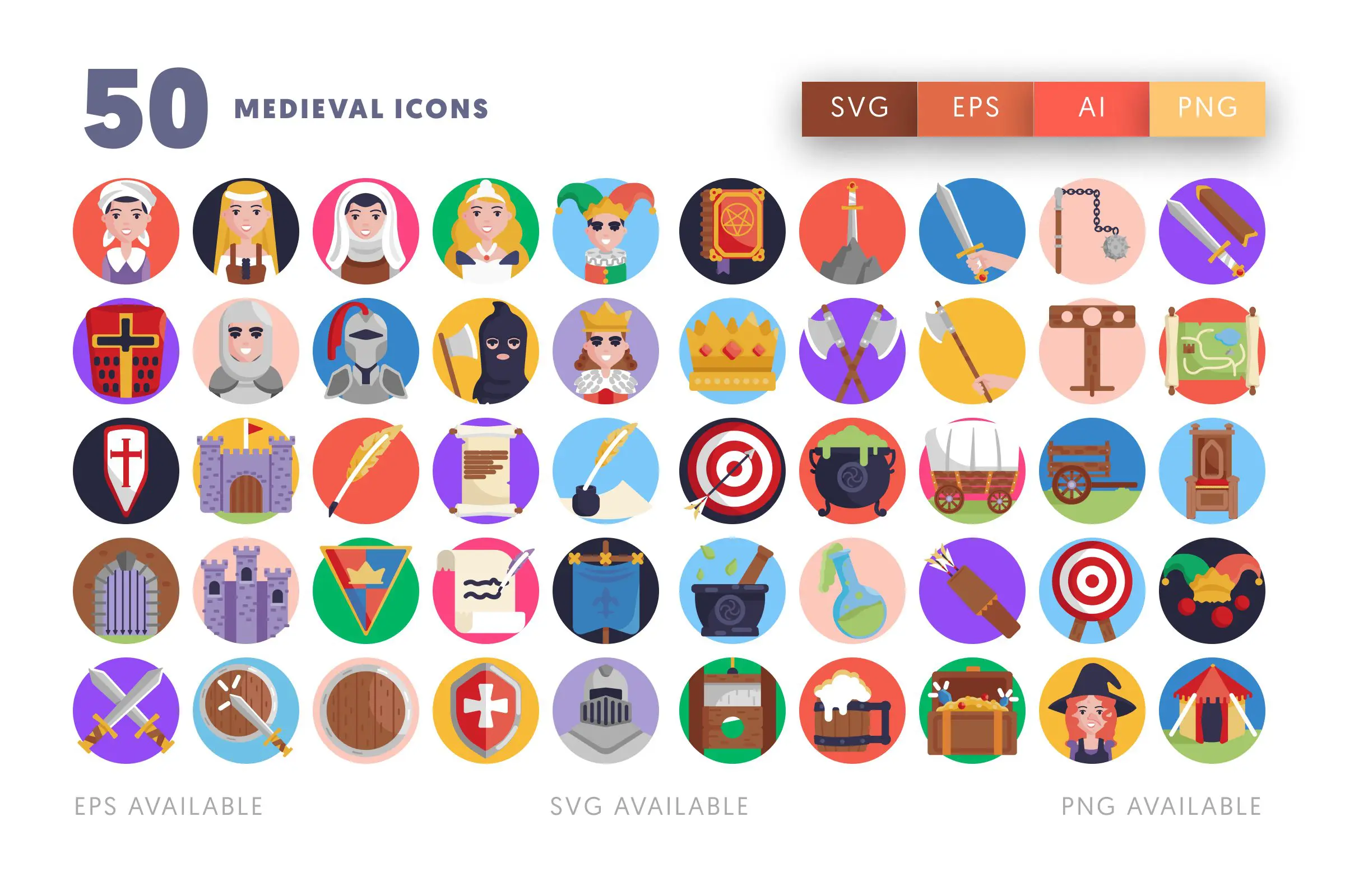 50 Medieval Icons – flat circle icon set