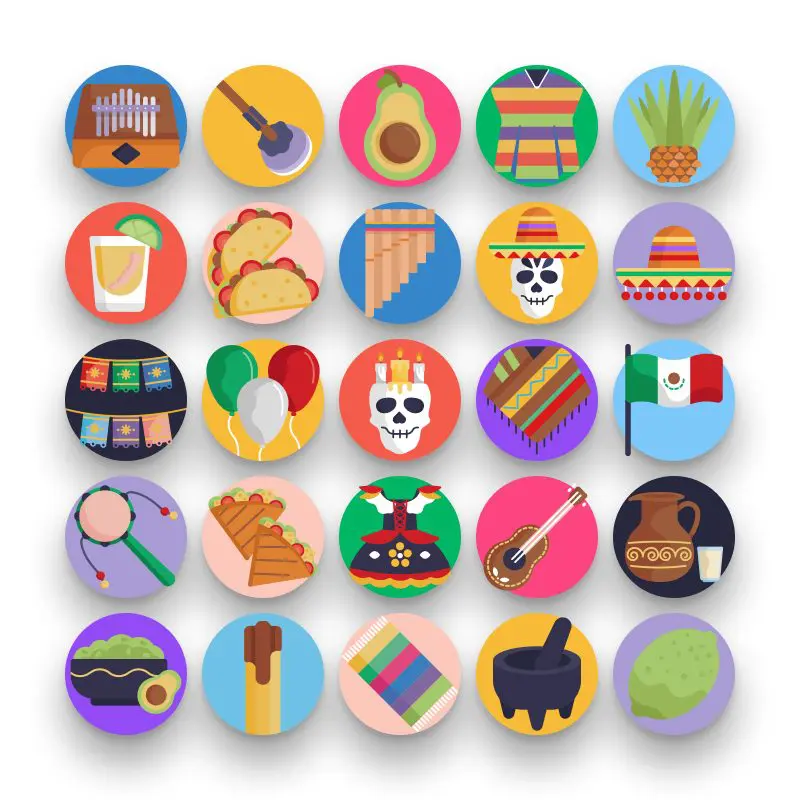50 Mexico Icons – set of colorful flat circle icons
