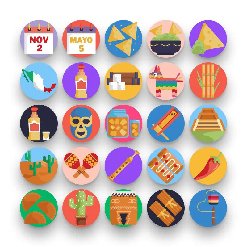 50 Mexico Icons – set of colorful flat circle icons