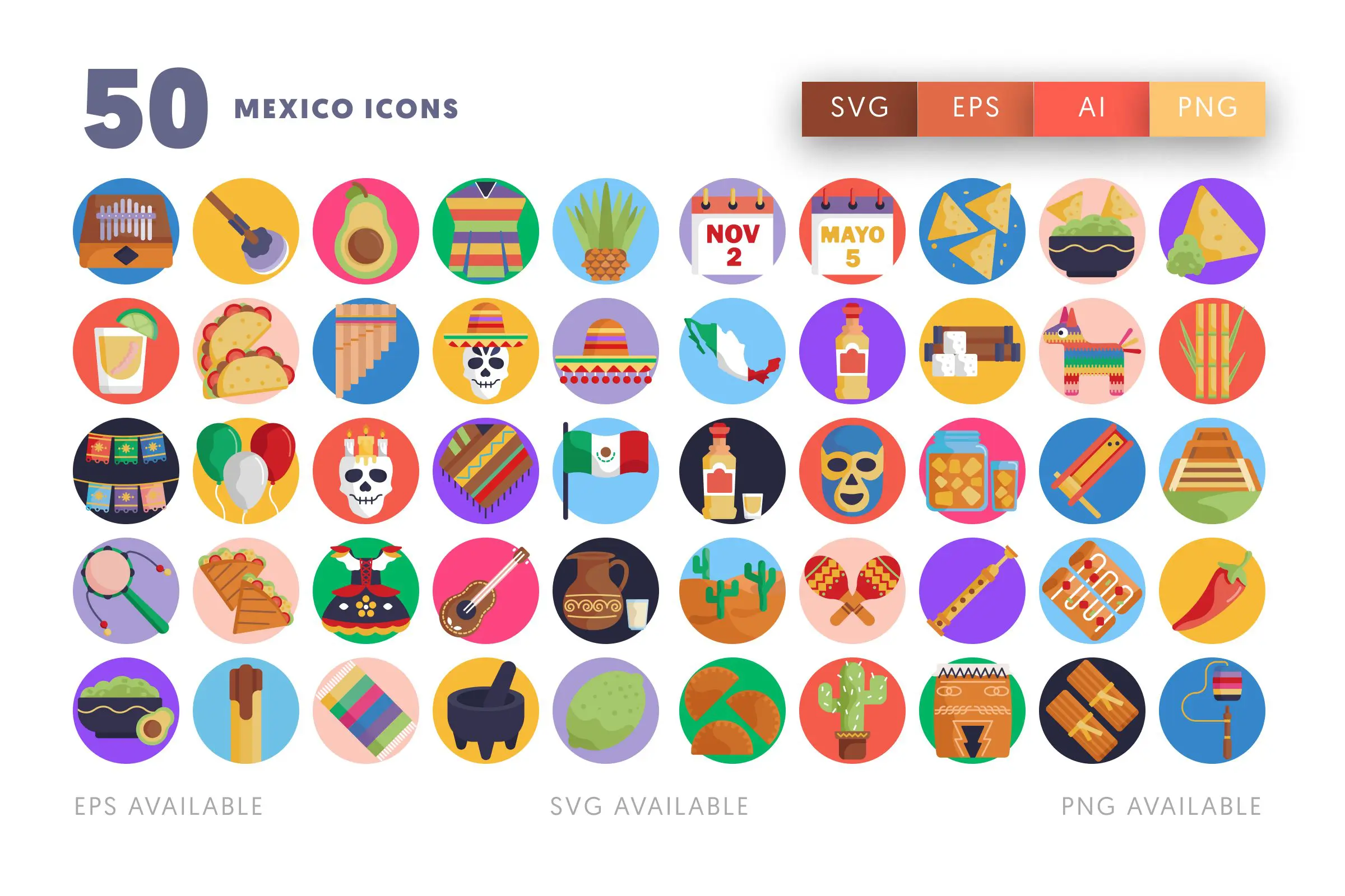 50 Mexico Icons – flat circle icon set