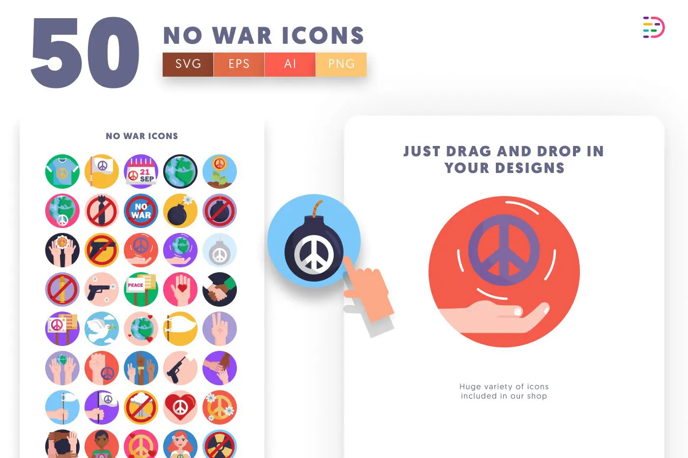 50 No War Icons preview 1 – flat circle icons in PNG, SVG and EPS