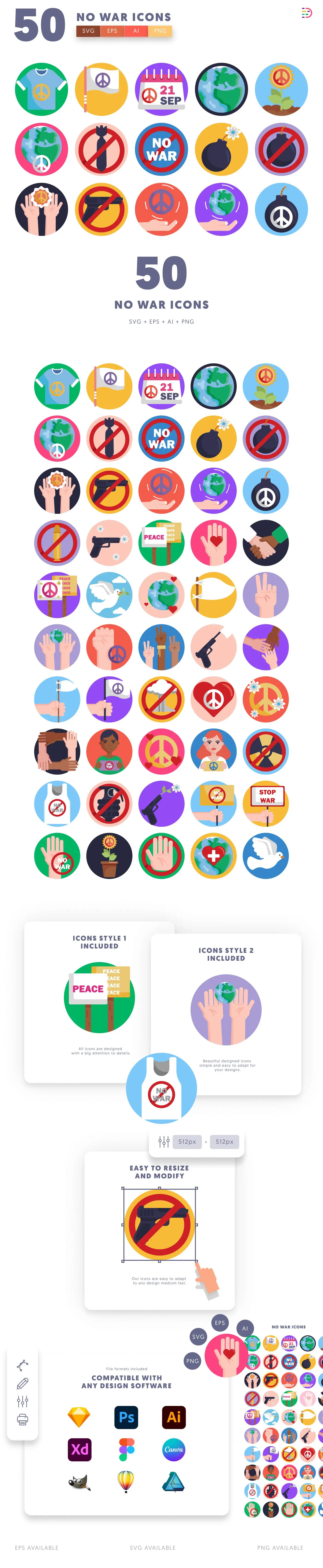 50 No War Icons cover – flat circle icons in PNG, SVG and EPS