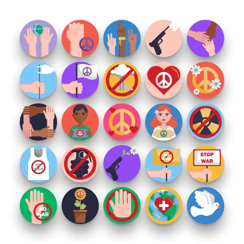 50 No War Icons – set of colorful flat circle icons