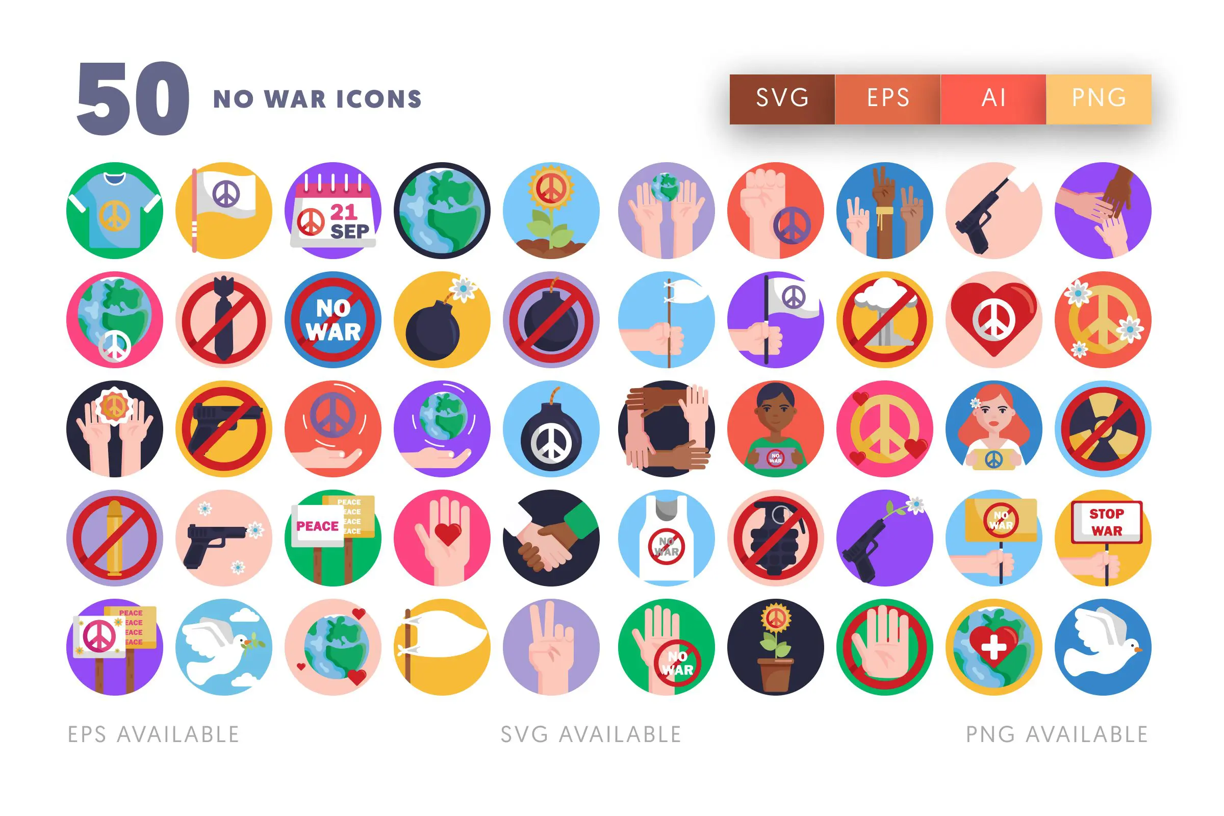 50 No War Icons – flat circle icon set