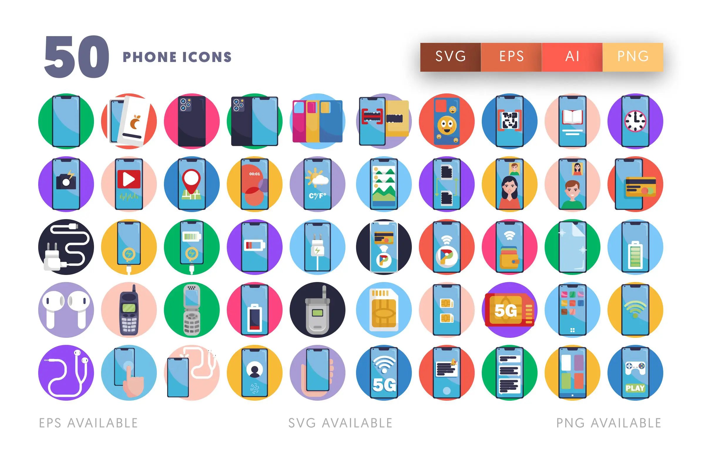 50 Phone Icons – flat circle icon set