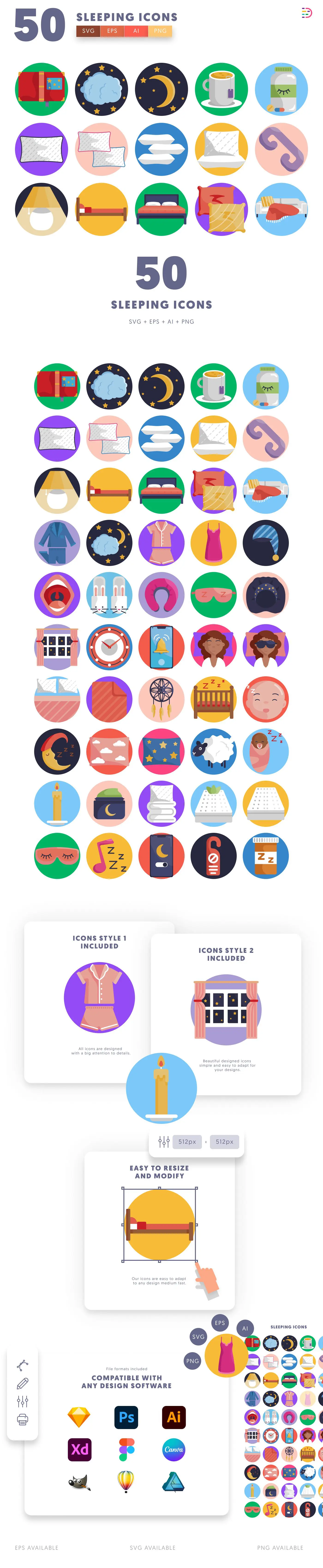 50 Sleeping Icons cover – flat circle icons in PNG, SVG and EPS