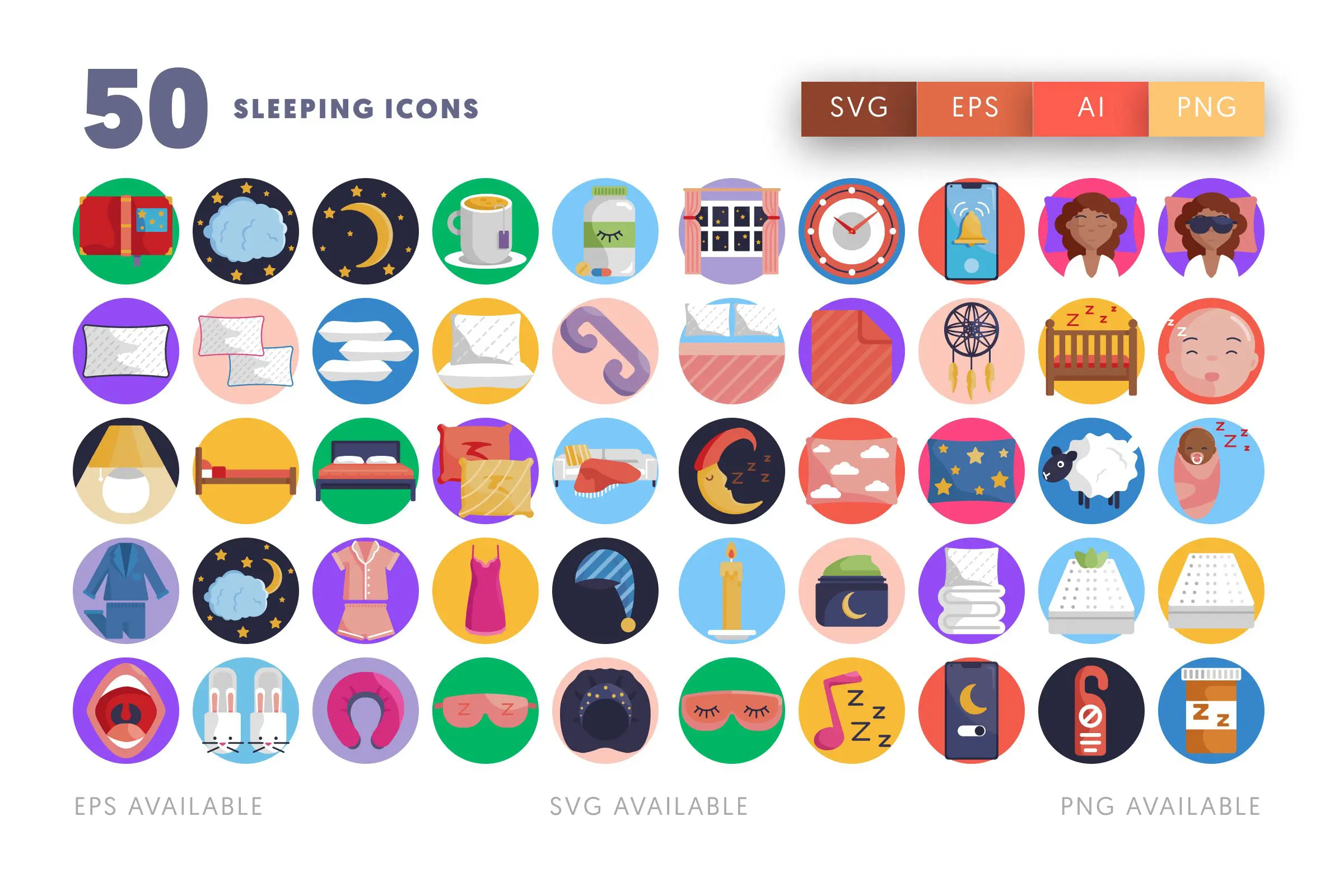 50 Sleeping Icons – flat circle icon set