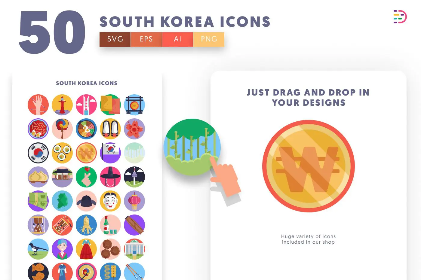 50 South Korea Icons preview 1 – flat circle icons in PNG, SVG and EPS